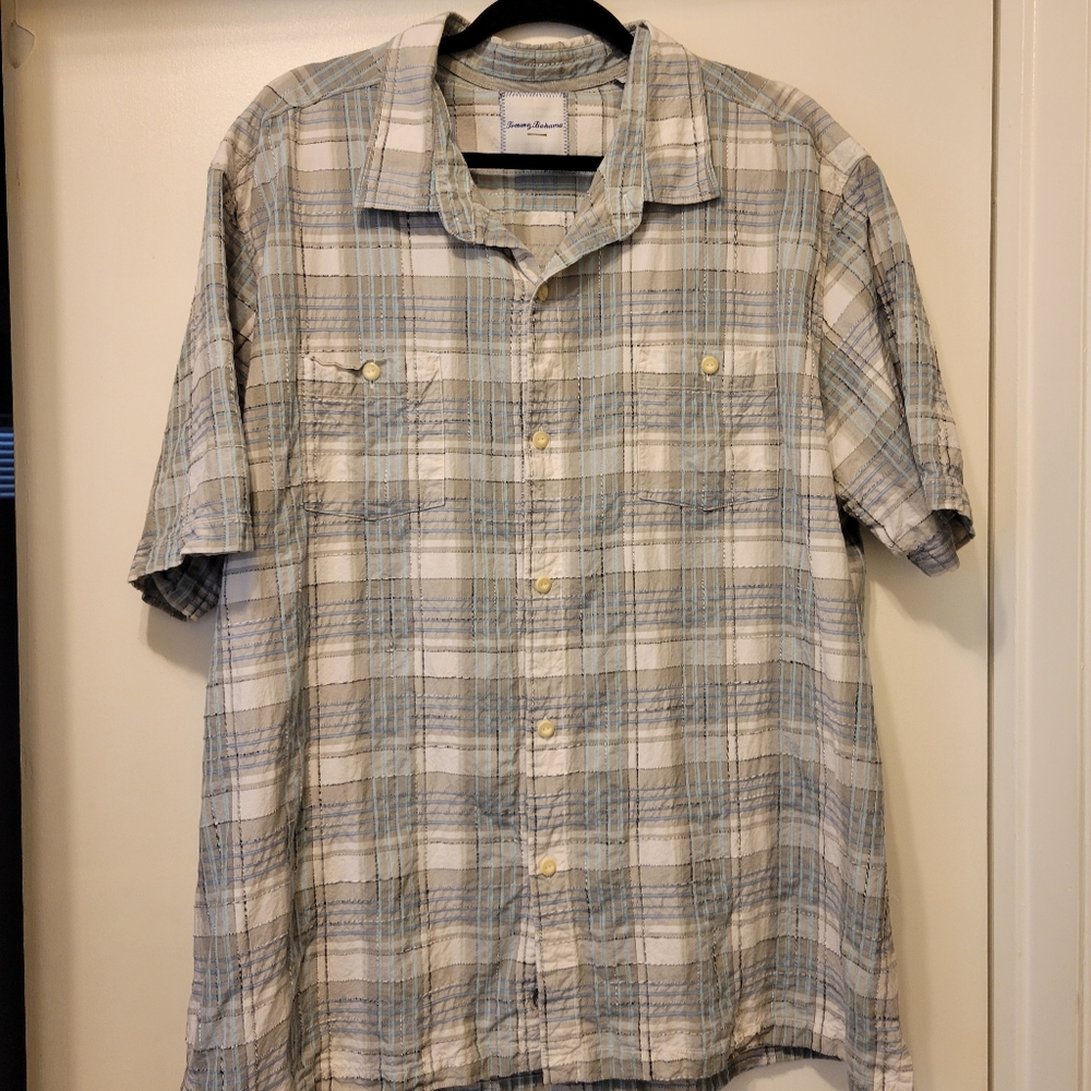 Tommy Bahama Shirt Mens 2XL Gray Blue Plaid Silk Blend Short Sleeve Button Front